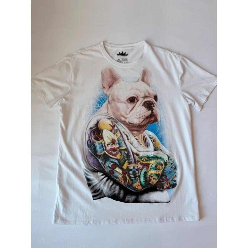 Heads or Tails Women's XL White French Bulldog Tattoo Rhinestone Graphic Tee
